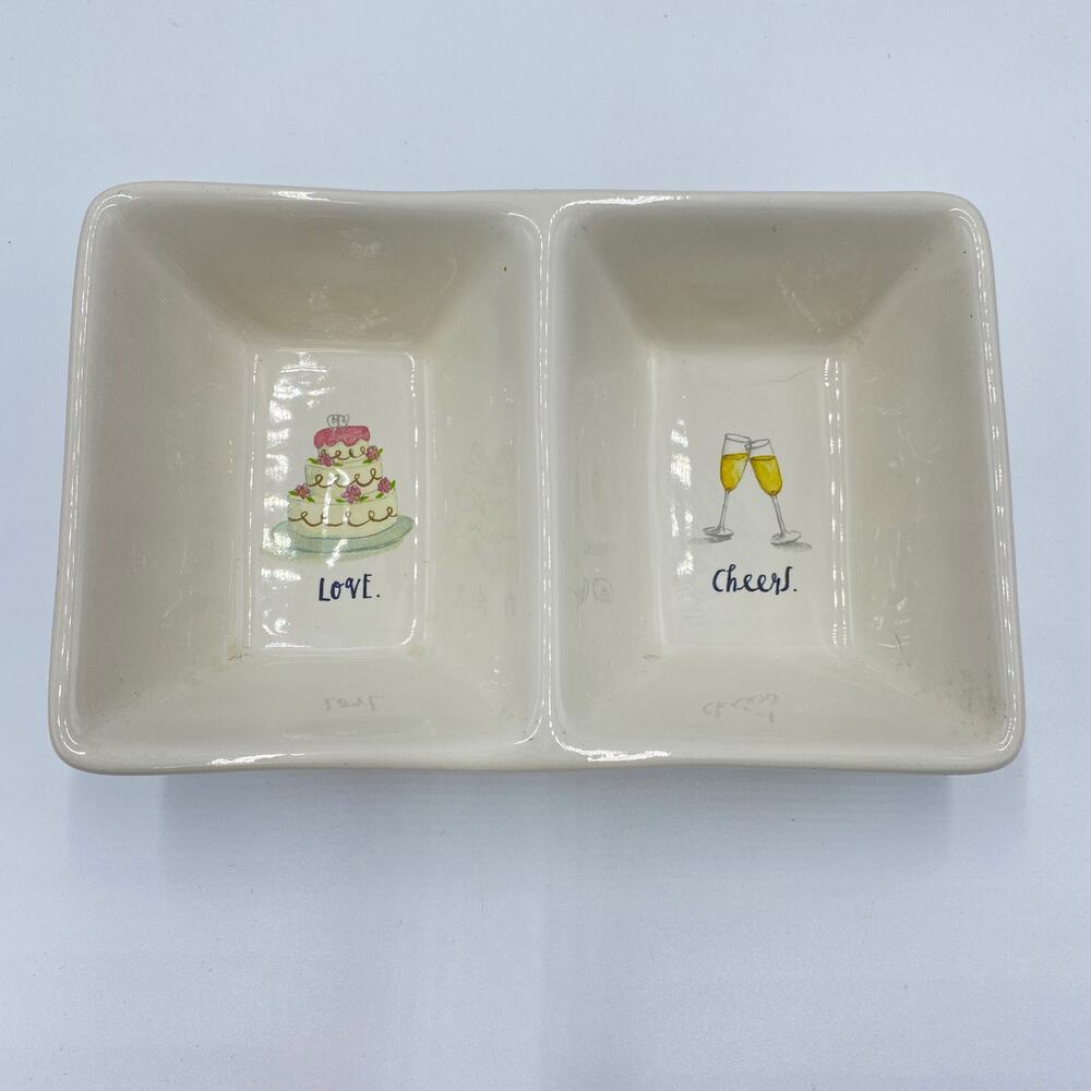 Rae Dunn Wedding Theme "Love and Cheers" Divided Dish Trinket Tray Jewelry